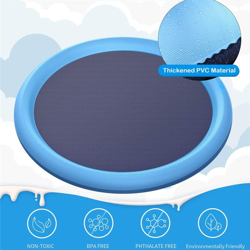 Dog splash pad with sprinkler jets connected to garden hose