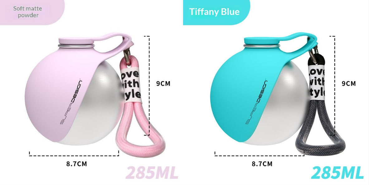 Dog water bottle with bowl showing capacity measurement markings